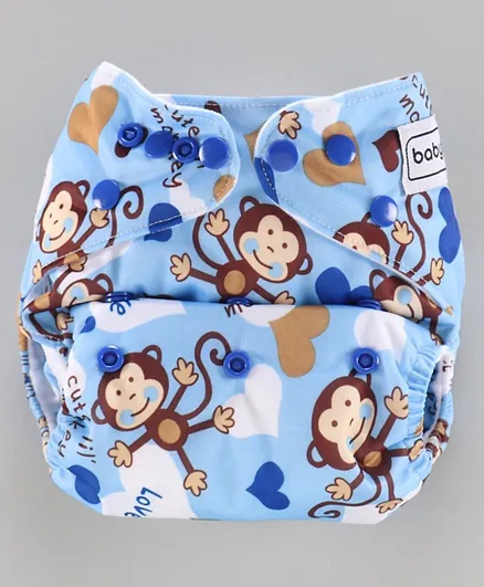 Babyhug Free Size Reusable Cloth Diaper With Insert Monkey Print - Blue