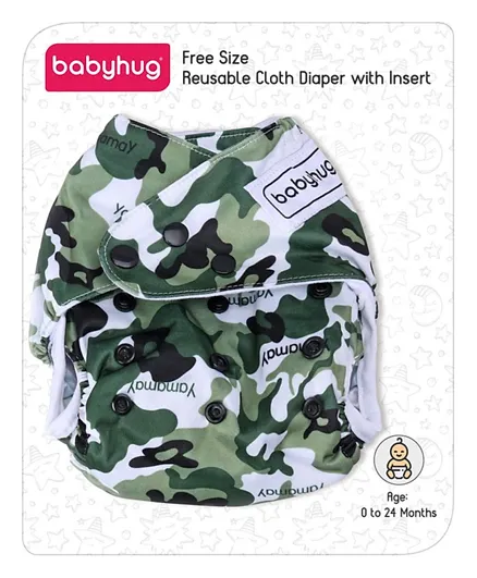 Babyhug Free Size Reusable Camouflage Cloth Diaper With Insert - Green White