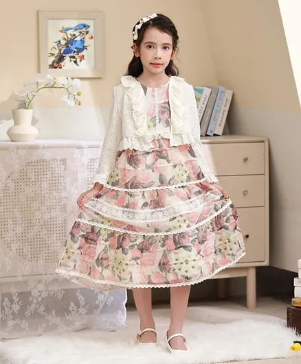 Le Crystal Girl Flower Printed  Party Dress With Ruffle Neck Jacket ,  Multi/Cream - W23GEGDG22532