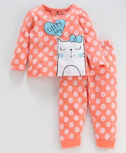 Babyoye Full Sleeves Night Suit Kitty Print - Coral