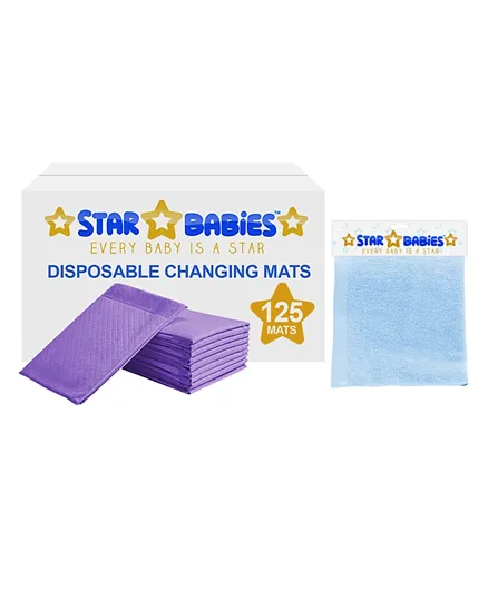 Star Babies Combo, Disposable Changing Mats Lavender - 125 Pieces + Kids Towel Gift Set