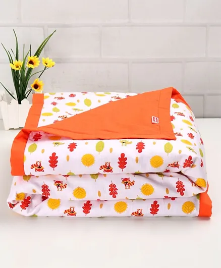 Babyhug Premium 3 Layered Baby Muslin Blanket Racoon Print - Tangarine