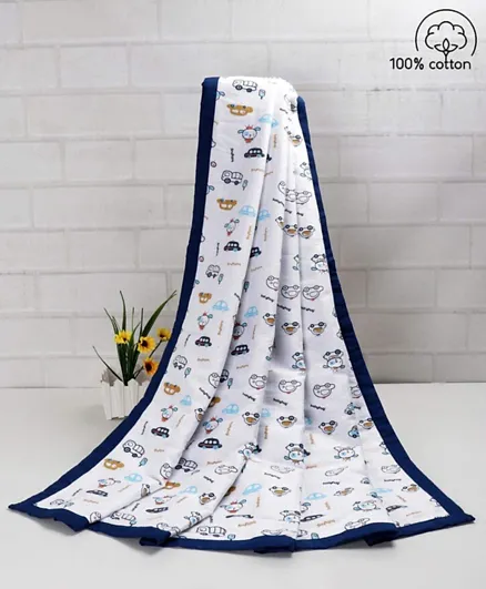Babyhug Premium 3 Layered 100% Cotton Muslin Baby Blanket Car Print - Blue