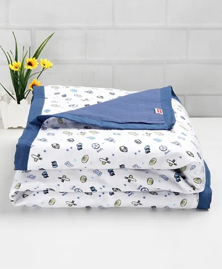 Babyhug Premium 3 Layered 100% Cotton Muslin Baby Blanket Sports Print - Blue