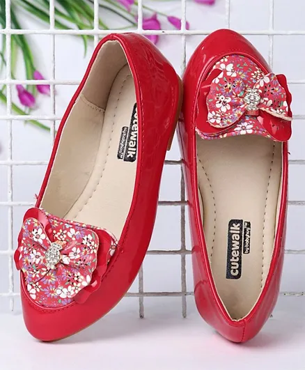 Cute Walk by Babyhug Party Wear Ballerinas With Floral Bow Motif - Red