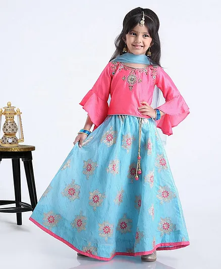 Babyhug 3/4 Bell Sleeves Choli With Printed Lehenga & Net Dupatta Zardosi Work - Pink Blue
