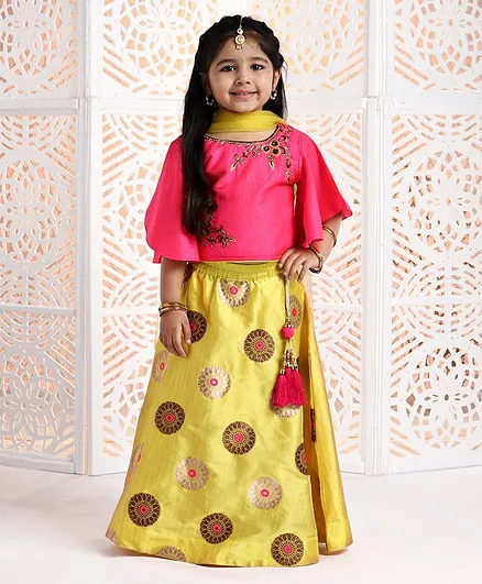 Babyhug Angel Sleeves Jardosi Work Choli With Lehenga & Dupatta Abstract Print - Pink Yellow