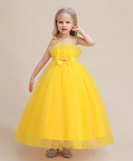 Babyqlo Mesh Party Dress with Front Bow - Yellow