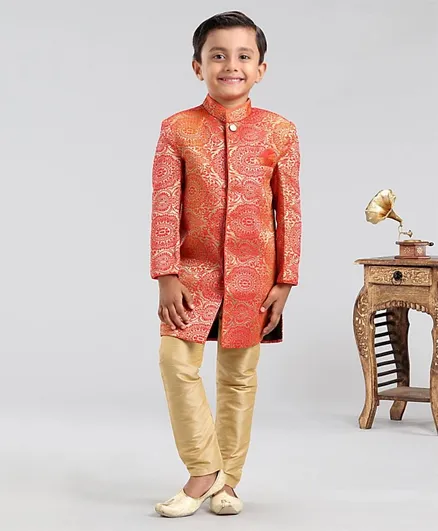 Babyhug Full Sleeves Abstract Woven Sherwani - Golden Orange