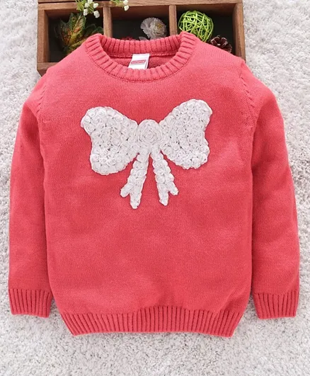 Babyhug Full Sleeves Sweater Bow Design - Coral