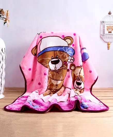 Babyhug Mink and Fleece Embossed Multipurpose Blanket Bear Print - Light Pink