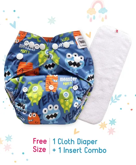 Babyhug Free Size Reusable Cloth Diaper With Insert Monster Print - Blue
