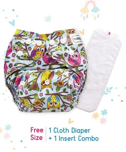 Babyhug Free Size Reusable Cloth Diaper With Insert Owl Print - Blue