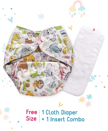 Babyhug Free Size Reusable Cloth Diaper With Insert Animal Print - White