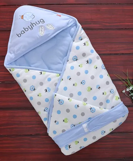 Babyhug Cotton Hooded Swaddle Wrapper Ladybug Print - Blue White