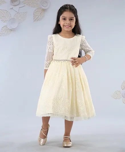 Mark & Mia Three Fourth Sleeves Party Wear Frock Lace Detailing - Light Yellow