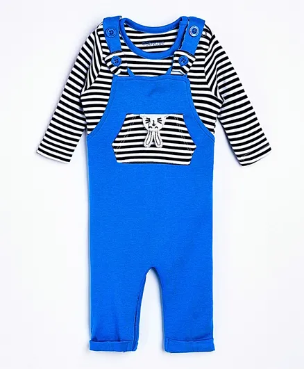Babyoye Dungaree With Striped Full Sleeves Inner Tee Bunny Patch - Royal Blue