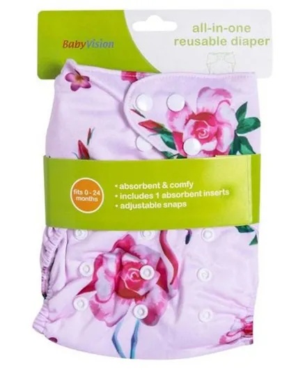 Baby Vision All-In-One Reusable Diaper with One Insert Flower Design - Pink