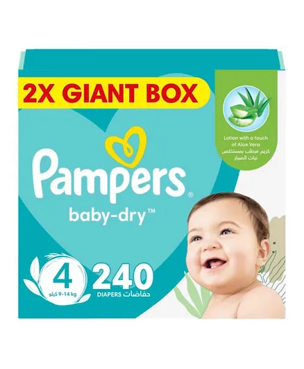 Pampers Baby-Dry Diapers with Aloe Vera Lotion and Leakage Protection, Size 4, 9-14 kg, 240 Diapers