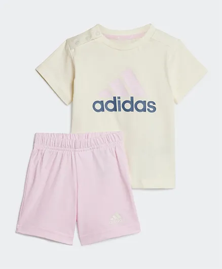 adidas Essentials Organic Cotton Logo Graphic T-Shirt & Shorts Set - Beige & Pink