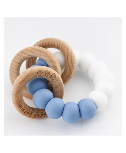 Desert Chomps Trio Silicone & Wooden Rattle Teether - Blue