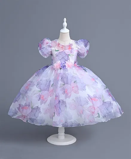 Babyqlo Vibrant Flower Prints With Puffed Sleeves & Corsage Work Party Dress - Multicolor