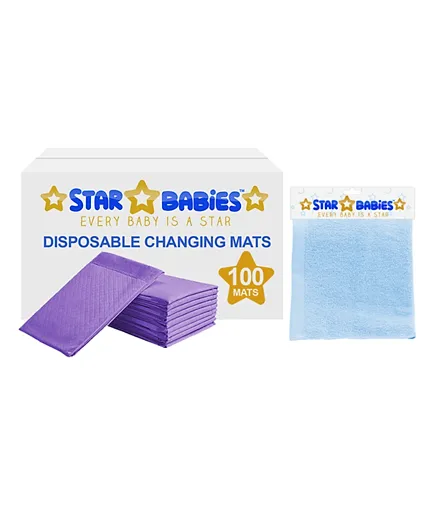 Star Babies Combo, Disposable Changing Mats Lavender - 100 Pieces + Kids Towel Gift Set