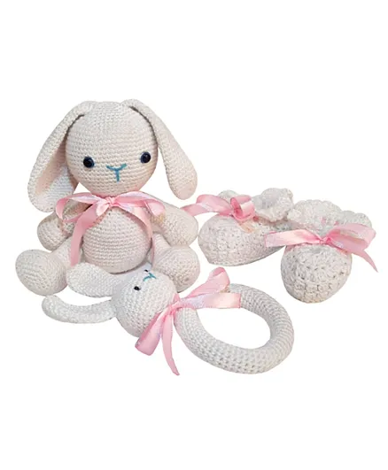 Pikkaboo Snuggle and Play Soft Crocheted Bunny Set - White and Pink
