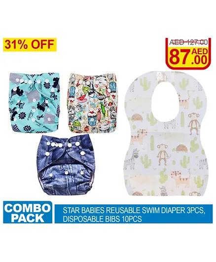 Star Babies Combo Swim Diaper Pack of 3 + 10 Disposable Bibs - Multicolor