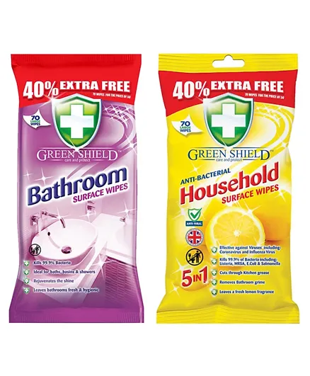 Greenshiield Anti-Bacterial Household Surface Wipes + Greenshiield  Anti-Bacterial Bathroom Wipes - 70 Pieces each