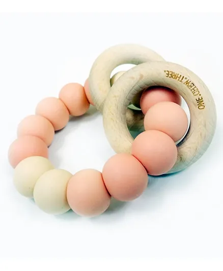 One.Chew.Three Wooden Silicone Rattle Duo Teether - Peaches & Cream