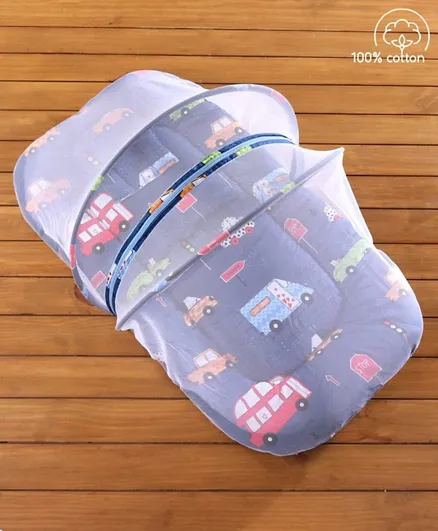Babyhug 100% Cotton Bedding Set with Mosquito Net City Buzz Print - Navy Blue