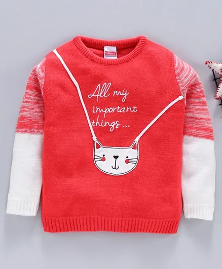 Babyhug Full Sleeves Sweater Kitty Patch - Coral White