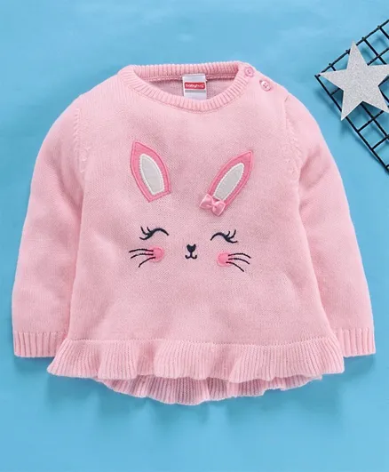 Babyhug Full Sleeves Frilled Sweater Kitty Embroidered - Pink