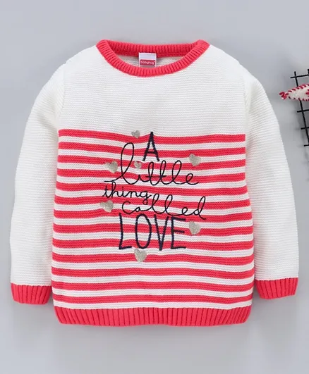 Babyhug Full Sleeves Striped Sweater Text Embroidery - White Coral