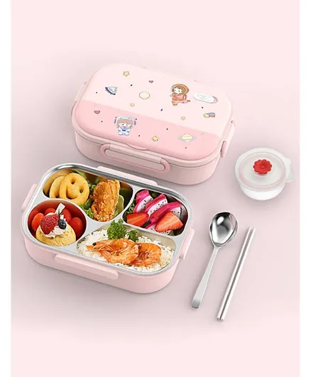 ليتل أنجل صندوق الغداء الصلب ذو 4 أقسام للأطفال ووعاء الحساء - وردي