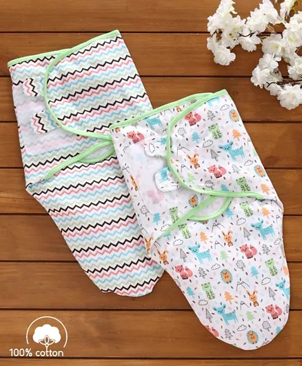 Babyhug 100% Cotton Swaddle Wrapper Printed Set of 2 - White and Green