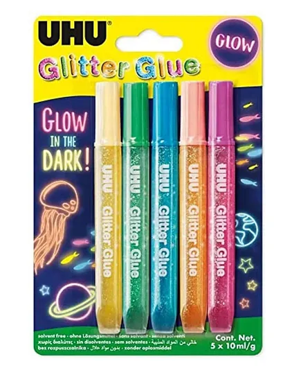 UHU Glitter Glue Glow In The Dark, Pack Of 5 - 10ml