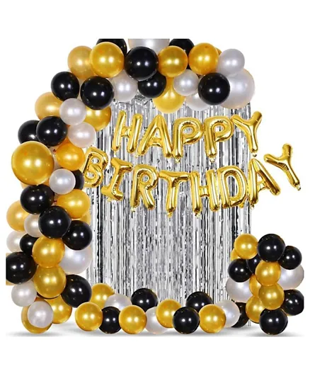 Party Propz Happy Birthday Metallic Golden & Black Combo with Silver Curtain - Pack of 53