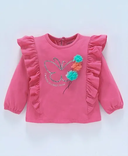 Babyoye Full Sleeves Frilled Cotton Top Corsage Applique - Pink