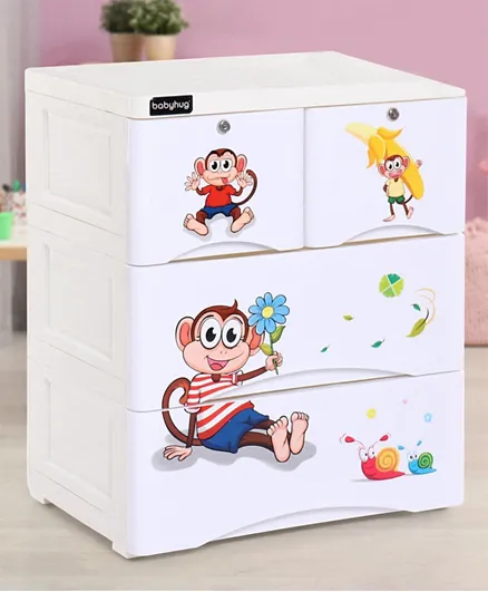Babyhug Monkey Printed 4 Compartments Chest of Drawers with Wheels - White