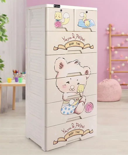 Babyhug 7 Compartment Teddy Printed Plastic Storage Cabinet - Cream