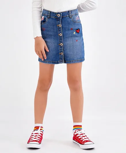 Minoti Embroidered Denim Skirt With Patches - Blue