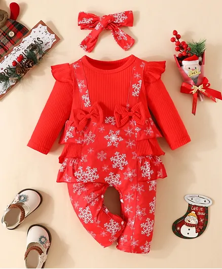 Babyqlo Snowflakes All Over Printed Romper Set With Headband - Red