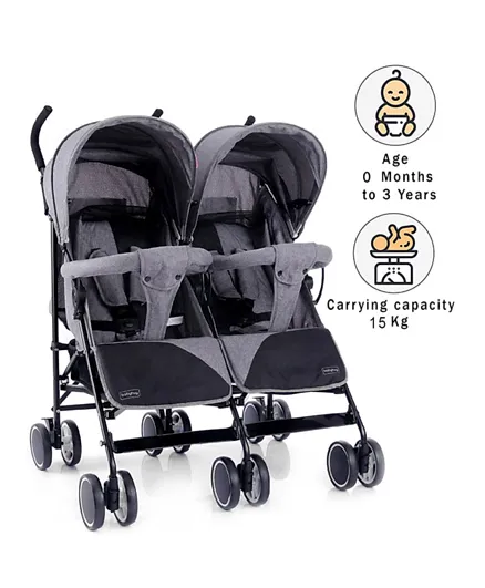 Babyhug Deuce Twin Stroller with Storage Basket - Grey