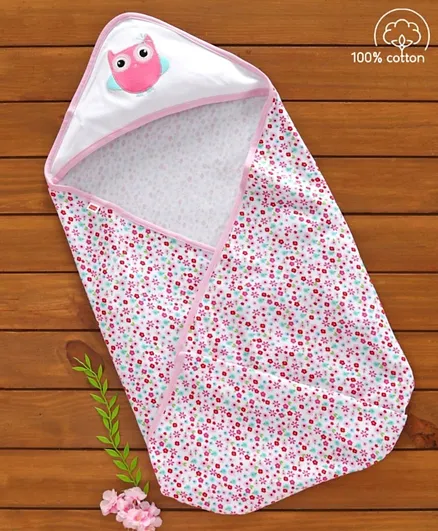 Babyhug 100% Cotton Hooded Wrapper Floral Print - Pink