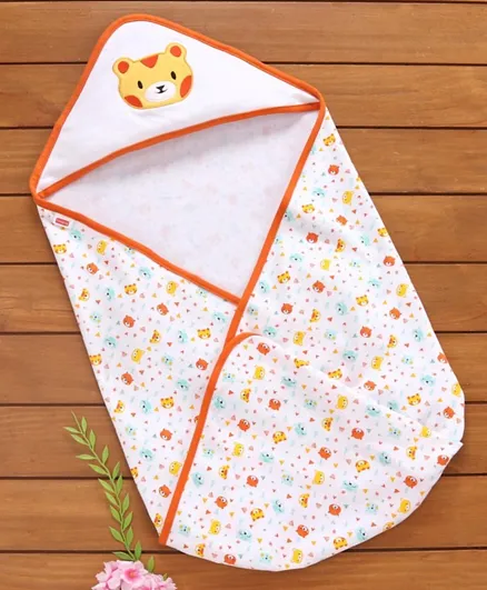 Babyhug 100% Cotton Hooded Wrapper Bear Print - Orange