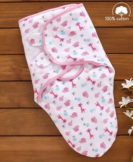 Babyhug Cotton Swaddle Wrapper Printed - Pink & White