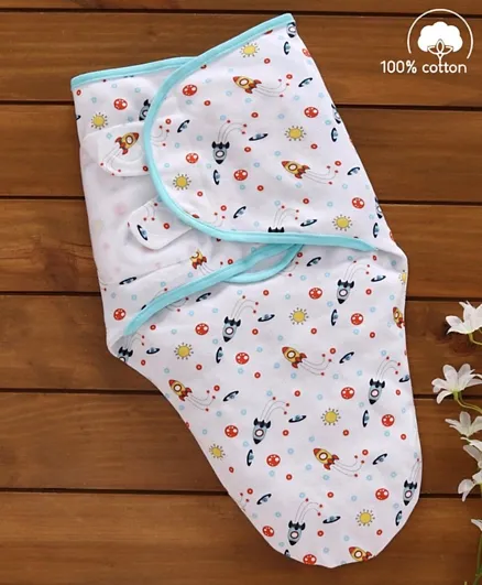 Babyhug Cotton Swaddle Wrapper Space Print - White and Blue