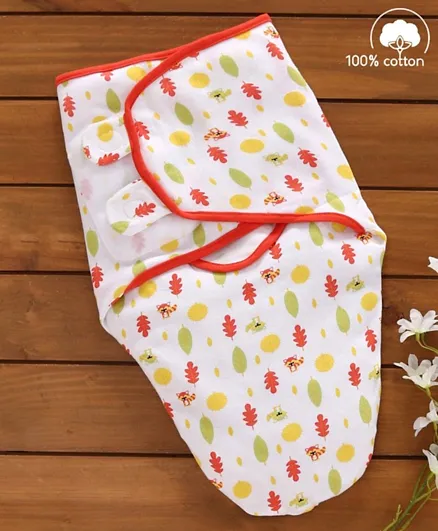 Babyhug Cotton Swaddle Wrapper Leaf Print - White & Orange